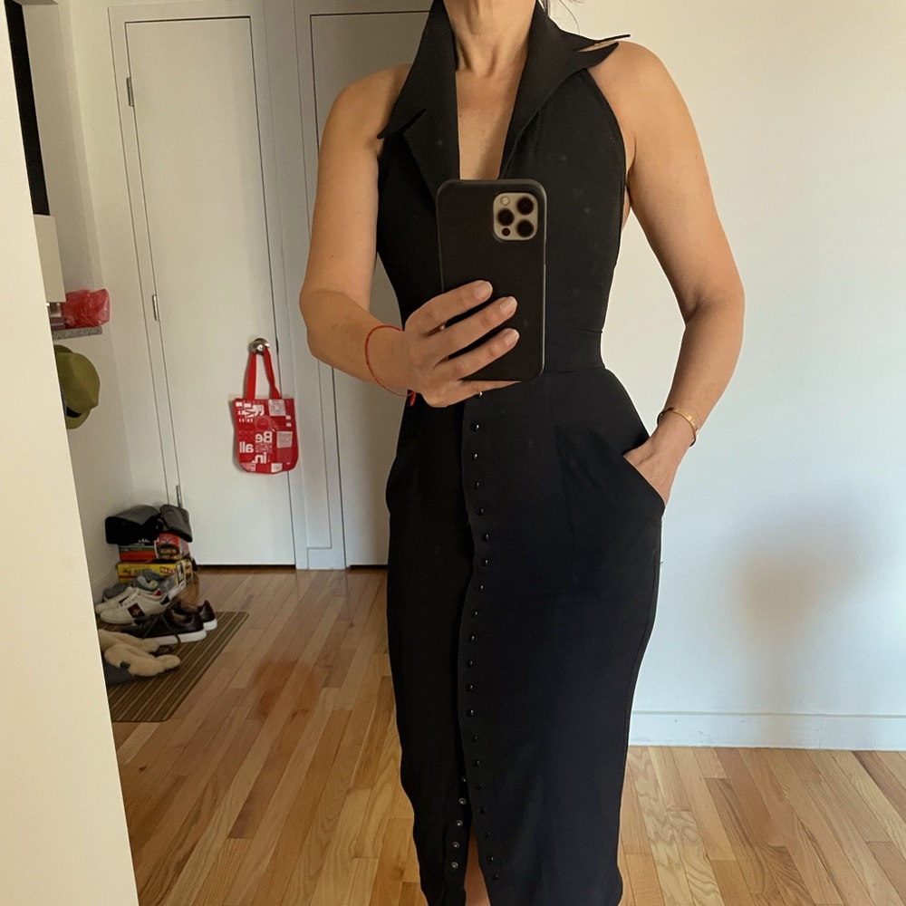 Vintage, authentic Thierry Mugler Paris backless cotton tuxedo dress